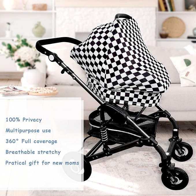 TANOFAR Car Seat Cover for Baby, Multi-Use Cover Carseat Canopy, High Stretchy & Breathable Infant Carseat Cover, Shower Gifts for Unisex Boys and Girls (Black Checkered)