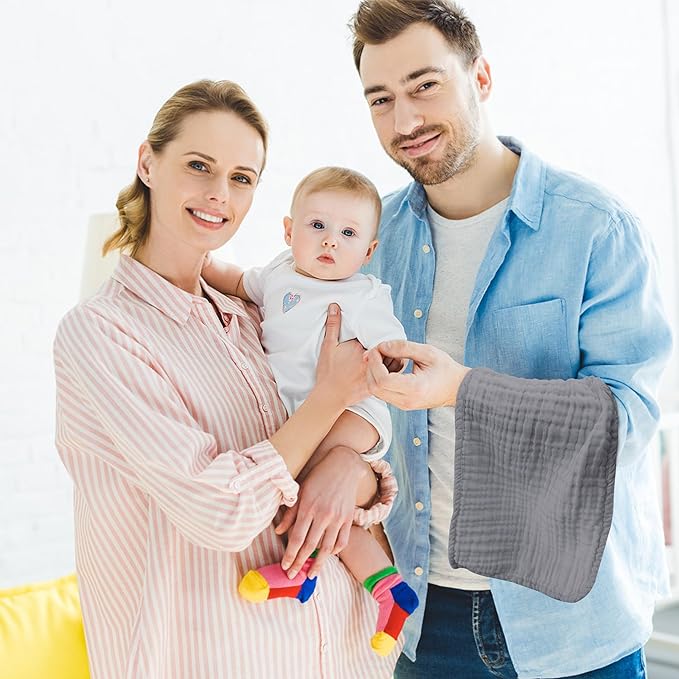 12 Pack Muslin Burp Cloths - Large 20" x 10", Ultra Absorbent 100% Cotton for Baby Drool and Messes - Soft, Gentle Baby Burp Rag for Boys & Girls -Grey, Green, Slate