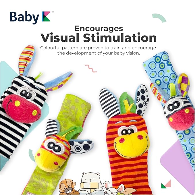 BABY K Foot Finder Socks & Wrist Rattles (Set H) - Newborn Toys for Baby Boy or Girl - Brain Development Infant Toys - Hand and Foot Rattles Suitable for 0-3, 3-6, 6-12 Months Babies
