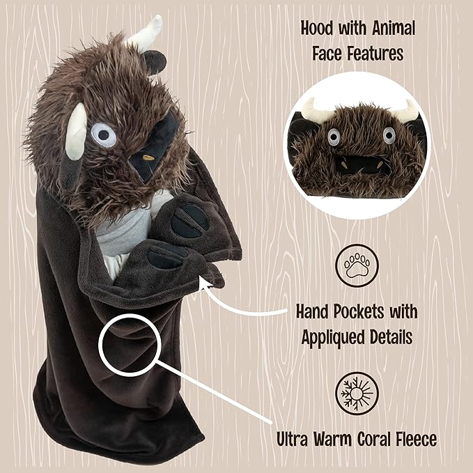 Lazy One Wearable Hooded Blanket for Kids, Animal Hooded Blanket (Buffalo)