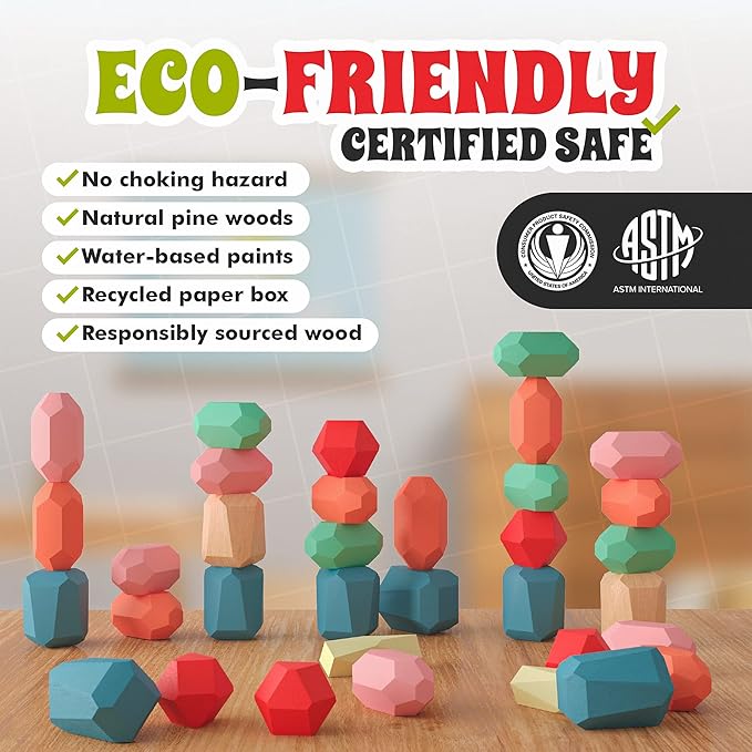36 Pcs Wooden Stacking Blocks β Montessori Toys for 1 2 3 4 5 6 Year Old Toddlers and Kids, XL Rocks, No Choking Hazard β Sensory STEM Building Stones, for Girls and Boys