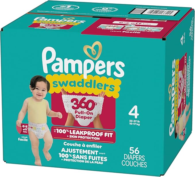 Pampers Diapers - Swaddlers 360° - Size 4, 56 Count, up to 100% Leakproof Comfy Dry Fit, Designed for Easy Changes, Pull On Baby Diaper (Packaging May Vary)
