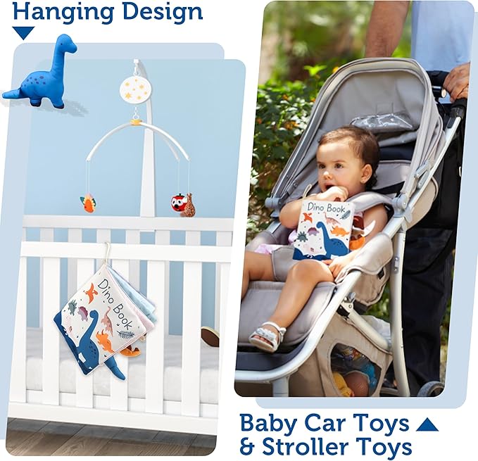 Richgv Baby Books Toys 0-6-12 Months, Baby Boy Gifts Touch and Feel Crinkle Books with Dino Doll, Newborn Infant Carseat Toys 6-9-12 Months Shower Gifts Easter Basket Stuffers