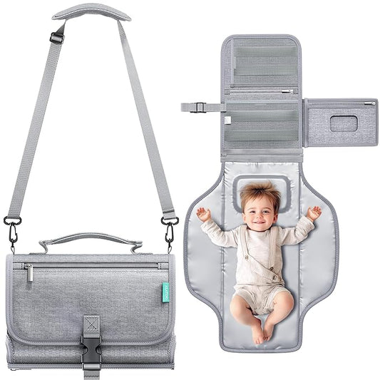 Portable Diaper Changing Pad with Shoulder Strap, Detachable Travel Changing Pad with Baby Wipes Pocket, Gifts for Baby Shower, Newborn Girls and Boys (Austere Grey)