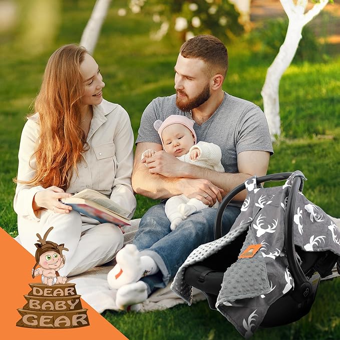 Dear Baby Gear - Car Seat Canopy - Baby Carrier Cover - Infant Car Seat Cover - Carseat Covers with Snap Opening - Carseat Canopies for Boys & Girls - 40x30 (White Antlers on Gray, Gray Reverse)