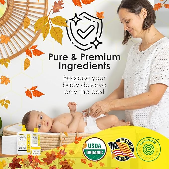 La Petite Creme Premium French Diapering Gift Set: Includes Organic Diapering Lotion (8 oz), Travel-size Liniment Baby Lotion (2 oz), 1 Travel-size Diaper Balm (1 oz), 50 Disposable Cotton Pads