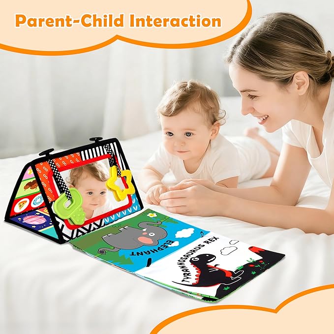 Baby Toys 0-6 Months - Tummy Time Toy Black and White High Contrast Newborn Toys - Baby Mirror with Cloth Book Teether - Montessori Sensory Crinkle Toy for Infant 0-3-6-12 Month Boy Girl Shower Gifts