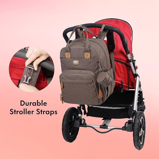 Dikaslon Diaper Bag Backpack with Portable Changing Pad, Pacifier Case and Stroller Straps, Large Unisex Baby Bags for Boys Girls, Multipurpose Travel Back Pack Moms Dads, Brown