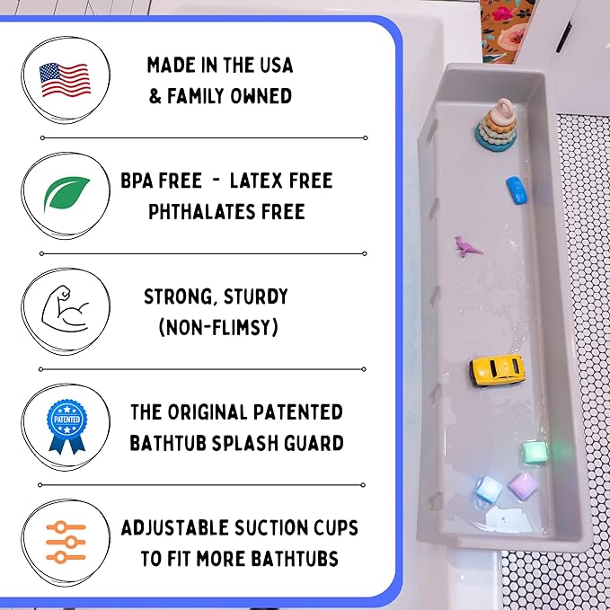 Tub Topper® Bathtub Splash Guard & Bath Shelf for Kids – Toddler Bath Tray, Bath Toys Storage & Ledge Organizer – Splash Guard for Bathtub with Suction Cups – Kids Bathroom Accessories (Gray)