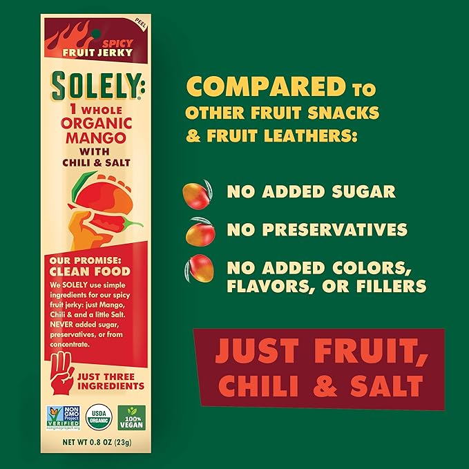 SOLELY - Organic Spicy Mango Chili and Salt Fruit Jerky - 1 Individually Wrapped Fruit Strip - Fruit Leather Made from Dried Fruit - Healthy Snacks for Adults & Kids - Vegan, Non GMO - 0.8oz (23g)