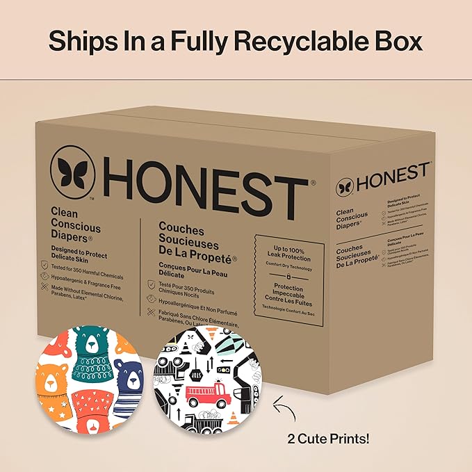 The Honest Company Clean Conscious Diapers for Delicate Skin | Up to 100% Leakproof | Hypoallergenic, Fragrance Free | Gender Neutral | Super Club Box, Size 6 (35+ lbs), 68 Count (Prints May Vary)