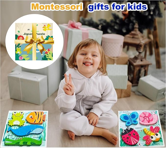 Wooden Creature Puzzles for Toddlers 2-4,Toddler Jigsaw Puzzle Ages 1-3, Montessori Educational Toys for 2 3 Years Old, Wood Learning Gifts for Preschool Kids Boys Girls