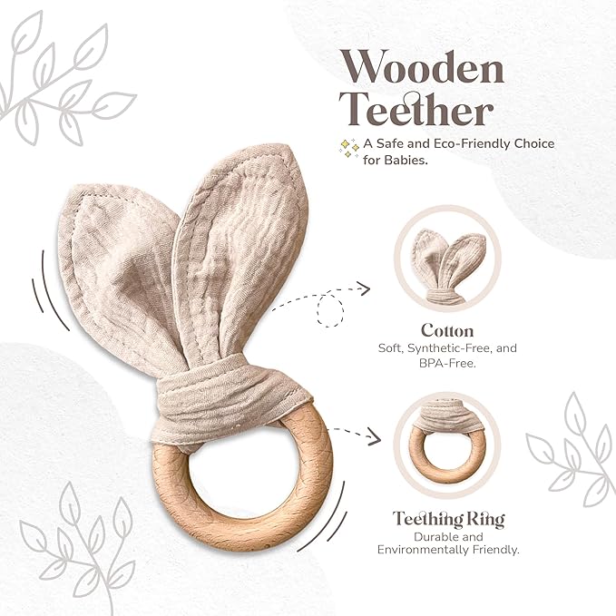 Mikito Organic Cotton Newborn Gift Box, Unisex Baby Gift Set incl. Muslin Lovey Comforter + Bandana Bib + Wooden Teether + Birth Announcement Sign