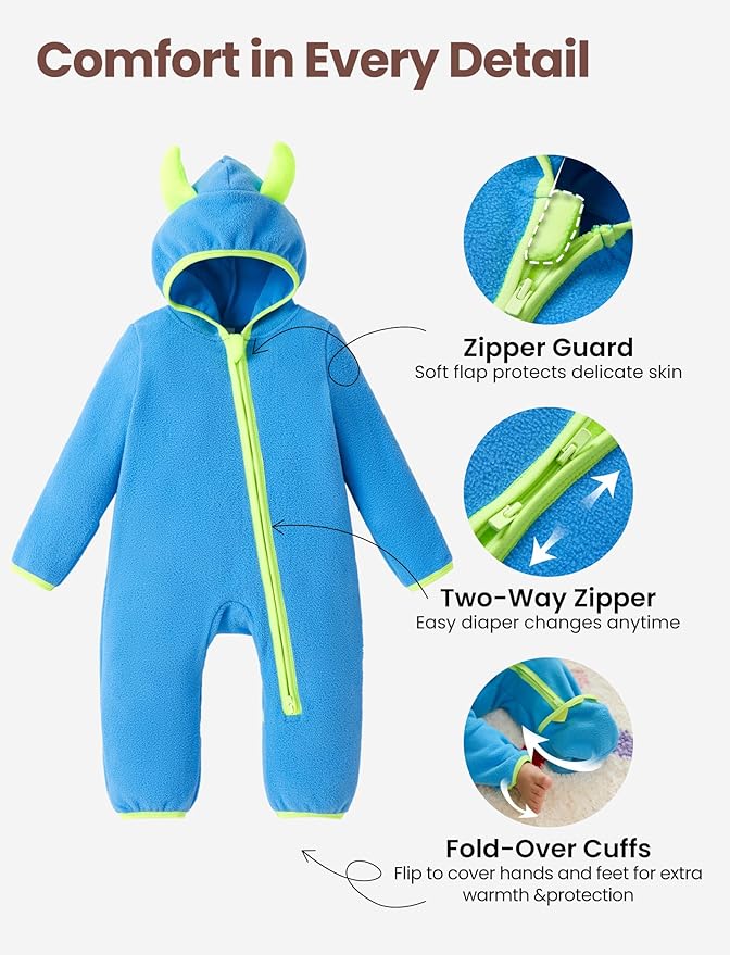 PATPAT Fleece Hooded Footed Romper Clothes, Soft Warm Footie Covers, Car Seat Friendly, Easy Zip, Cute Boy Girl