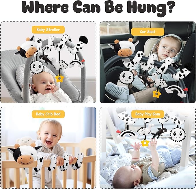Spiral Car Seat Baby Toys 0-6 Months, Infant Carseat High Contrast Sensory Toys Hanging Stroller Accessories, Newborn Gifts for Baby Boys Girls Essentials Stuff, Cute Black and White Cow