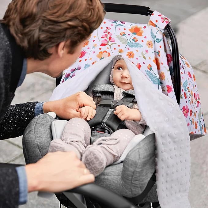 Metplus 2 in 1 Flowers Baby Car Seat Cover, Car Seat Canopy for Babies, Mom Multiuse Nursing Cover, Minky Baby Carrier Covers, Newborn Boy Girl, Peekaboo Opening
