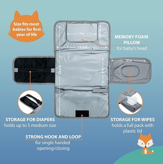 Lil Fox Portable Changing Pad - One-Hand Diaper Change Pad for Baby Diaper Bag or Changing Table. Unisex Baby Shower Gifts, Newborn Essentials