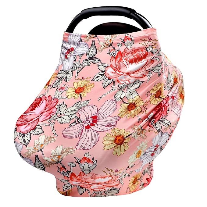 Pink Baby Car Seat Cover Girls, Infant Carseat Canopy, Stretchy Multi- use Nursing Cover for Stroller/High Chair/Shopping Cart/Car Seat Canopies (Floral)