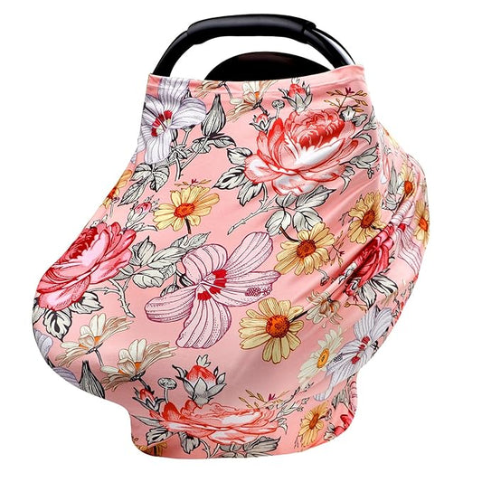 Pink Baby Car Seat Cover Girls, Infant Carseat Canopy, Stretchy Multi- use Nursing Cover for Stroller/High Chair/Shopping Cart/Car Seat Canopies (Floral)