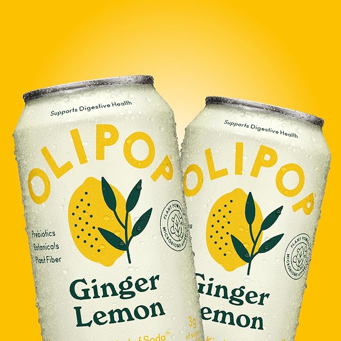 OLIPOP Prebiotic Soda Pop, Ginger Lemon, A New Kind of Soda Packed with Prebiotics, Fiber, and Botanicals, Gluten Free, Vegan, GMO Free, 12oz (12-Cans)