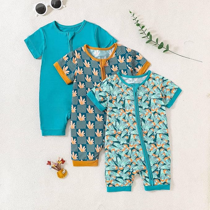 OPAWO Bamboo Baby Pajamas 3 Pack, Double Zipper Bamboo Sleepers for Baby Boy Girl Romper, Toddler Summer Clothes Outfit 0-24M