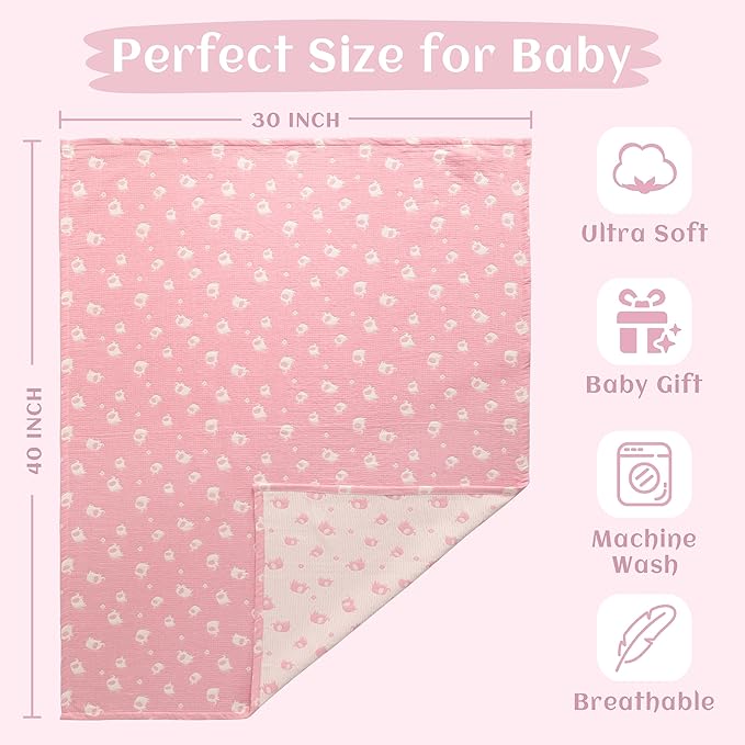 NTBAY 3 Layer Muslin Cotton Toddler Blanket, Jacquard Reversible Nursery Bed Blanket, Super Soft and Thermal for All Seasons, Decoration Gift, 30"x40", Pink Elephant