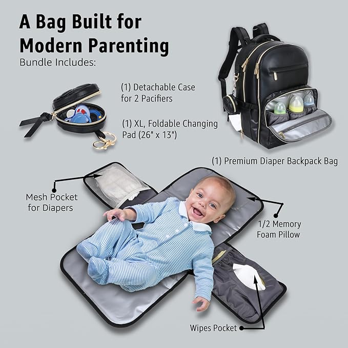 Award-Winning 3-SET Premium Leather Diaper Bag Backpack – Stylish, Durable, Waterproof Vegan Leather with PEVA Changing Pad & Baby Headrest, Travel-Friendly, Organized for Busy Parents