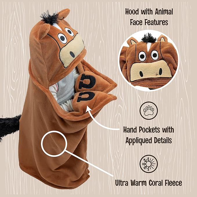 Lazy One Wearable Hooded Blanket for Kids, Animal Hooded Blanket (Horse, Brown)