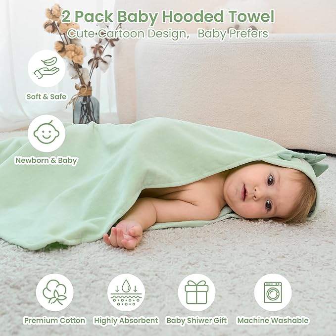 Mooreeke 2 Pack Toddler Towels - 100% Cotton Toddler Hooded Towels - Soft Baby Bath Towel with Hood for Newborn - Comfort Towel for Baby Girls and Boys - Animal Shaped (Puppy & Dinosaur)
