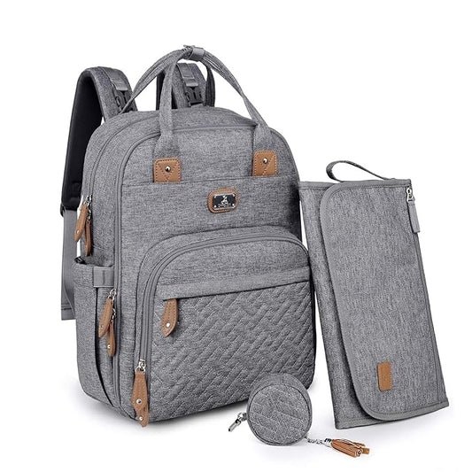 Dikaslon Diaper Bag Backpack with Portable Changing Pad, Pacifier Case and Stroller Straps, Large Unisex Baby Bags for Boys Girls, Multipurpose Travel Back Pack Moms Dads, Gray