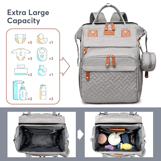 Diaper Bag Backpack with Changing Station, Large Diaper Bag For Boys And Girls, Multifunctional Waterproof Travel Diaper Backpack, Baby Bag with USB Charging Port for Moms Dads, grey