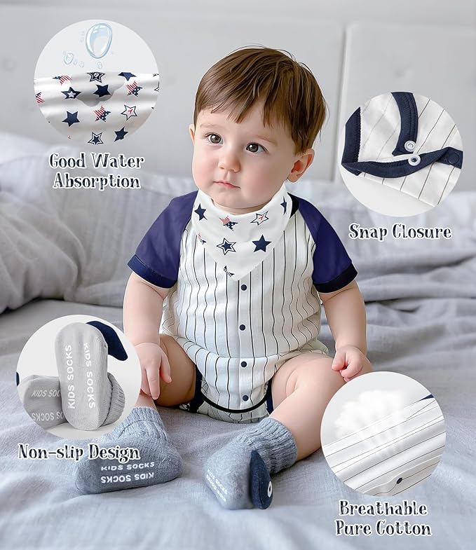 Golray Baby Boy Gifts for Baby Shower, 10pcs Newborn Essential with Fox Lovey/Blanket/Onesie/Wooden Rattle/Socks/Bib/Suitcase, Welcome Baby Gift Box Gender Reveal Infant Boy Gift Basket Set 0-6 Month