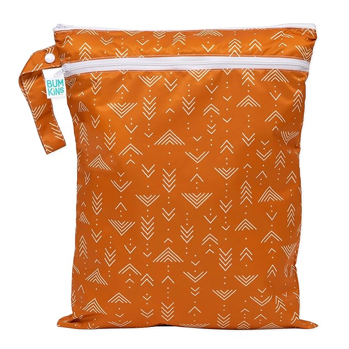 Bumkins Waterproof Wet Dry Bag for Baby, Travel, Swim Suit, Cloth Diapers, Pump Parts, Pool, Beach, Gym Clothes, Toiletry, Hook to Stroller, Daycare, Zipper Reusable Wetdry Packing Pouch, Boho Orange