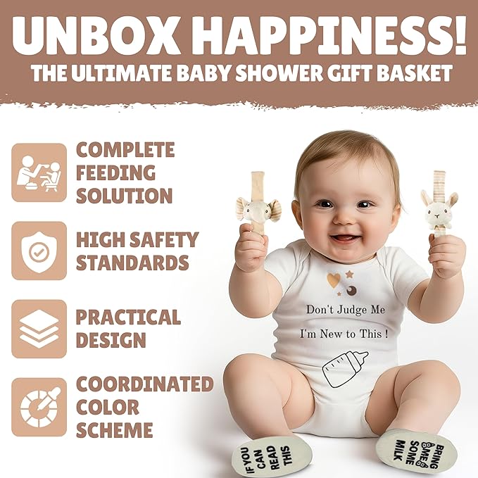 Baby Gift Basket | 11 Piece Baby Essentials – Baby Gift Set – Baby Boy Gifts & Baby Girl Gifts – Newborn Must Haves & Baby Shower Gifts with Plate, Bib, Cup, Feeder, Outfit & Rattles