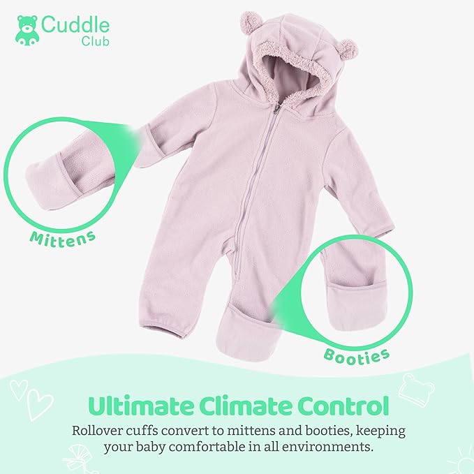 Cuddle Club Fleece Baby Bunting Bodysuit with Hood, Convertible Mittens & Booties, Car Seat Friendly, Soft & Warm, Easy Zip