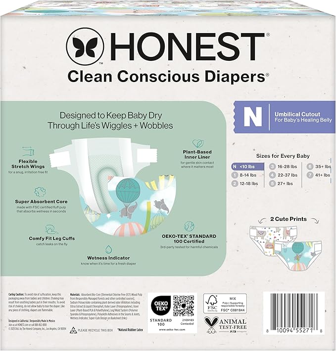The Honest Company Clean Conscious Diapers for Delicate Skin | Up to 100% Leakproof | Hypoallergenic, Fragrance Free | Gender Neutral | Club Box, Size Newborn, 72 Count (Prints May Vary)