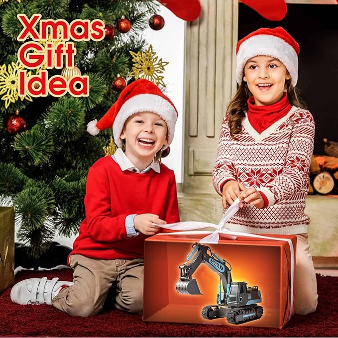 DOUBLE E Remote Control Excavator Toy RC Excavators Rechargeable Battery Digger Hydraulic Construction Toys Vehicles Xmas Gift for Boys Girls Kids 3-14 Years,Gray-Blue