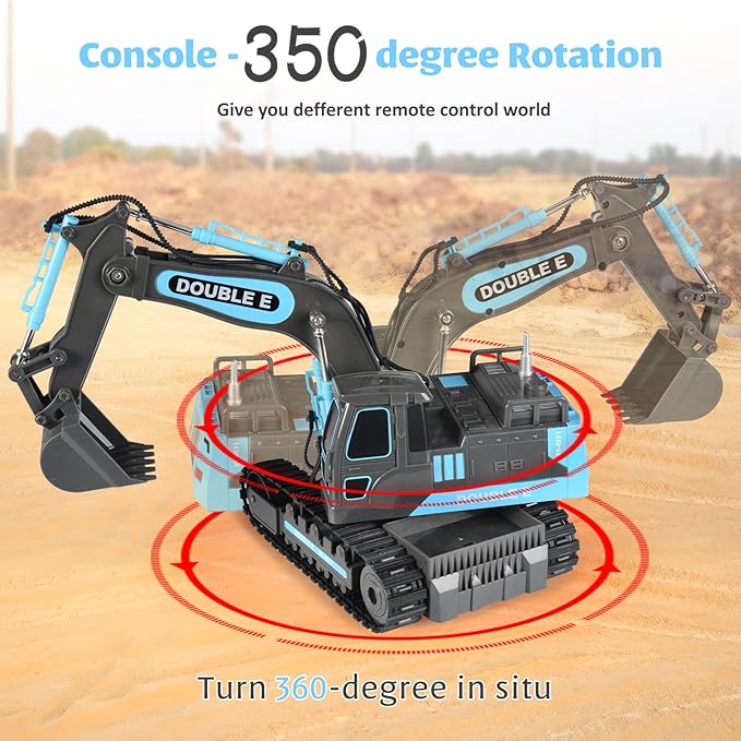 DOUBLE E Remote Control Excavator Toy RC Excavators Rechargeable Battery Digger Hydraulic Construction Toys Vehicles Xmas Gift for Boys Girls Kids 3-14 Years,Gray-Blue