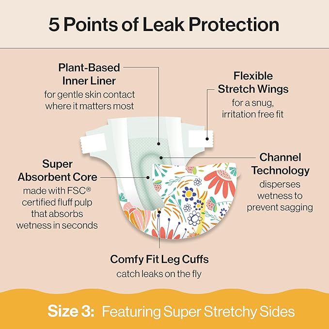 The Honest Company Clean Conscious Diapers for Delicate Skin | Up to 100% Leakproof | Hypoallergenic, Fragrance Free | Girl Prints | Super Club Box, Size 3 (16-28 lbs), 120 Count (Prints May Vary)