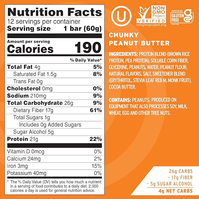 No Cow High Protein Bars, Chunky Peanut Butter - Healthy Snacks, 20g Vegan Protein, High Fiber, Low Sugar, Keto Friendly, Dairy & Gluten Free (12 Count)