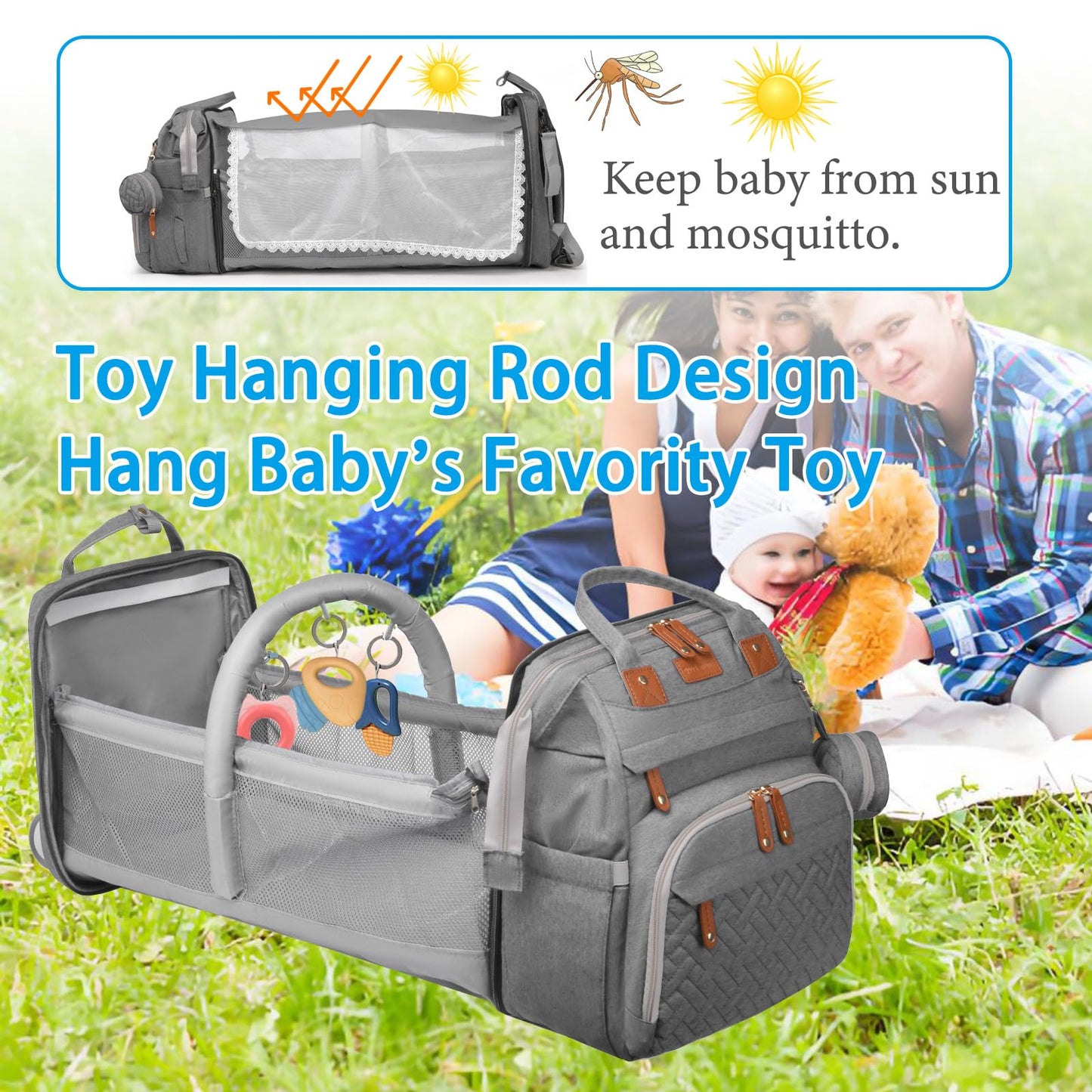 Jeryswet Baby Diaper Bags with Changing Station, Waterproof Large Capacity Diaper Bag Backpack for Moms Dads with USB Charging Port and Stroller Straps, Baby Shower Gifts, Pink-Grey