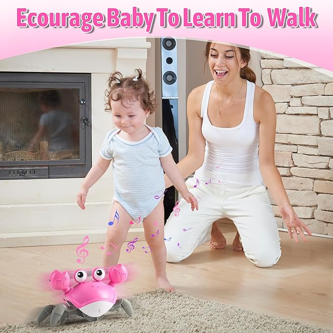 Crawling Crab Baby Girl Toy: Tummy Time Toys for Infant 3 6 9 12 18 24 36 Months, Pink Walking Dancing Sensing Crab for Toddler Age 1 2 3 4, 1st Music Birthday Gifts for Girls