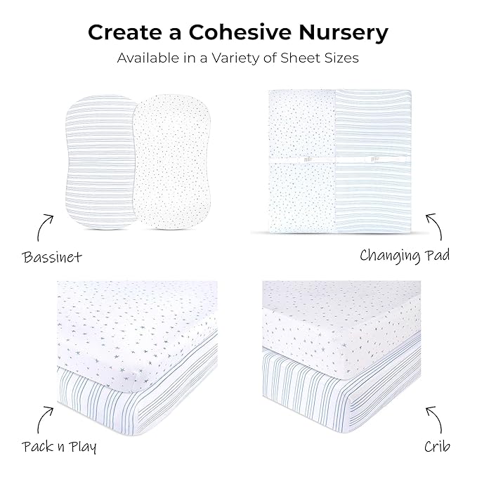 Ely’s & Co. Pack and Play Sheets, for Mini/Portable Crib, 2 Pack Fitted Playpen Play Yard Sheet Set Compatible with Graco Pack n Play, for Baby Boys, 100% Cotton, Blue Stars and Stripes, 38”x24”x5”