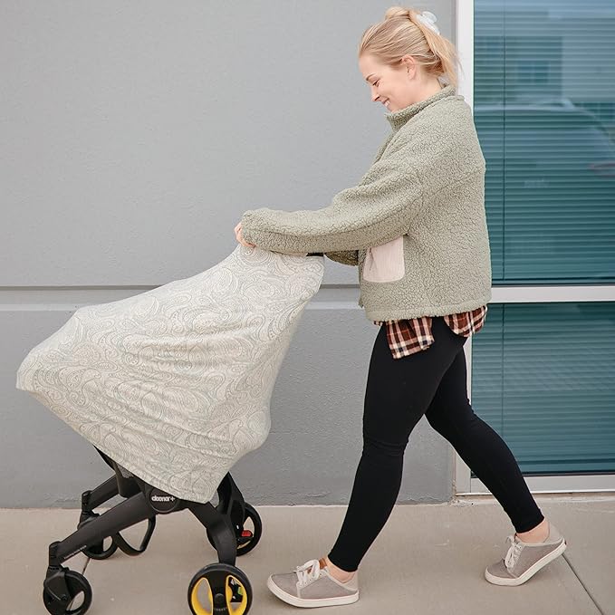 mushie Baby Car Seat Canopy Cover | Breathable & Stretchy Multi Use Cover for Breastfeeding, Nursing, High Chair, Shopping Cart, Strollers (Green Paisley)