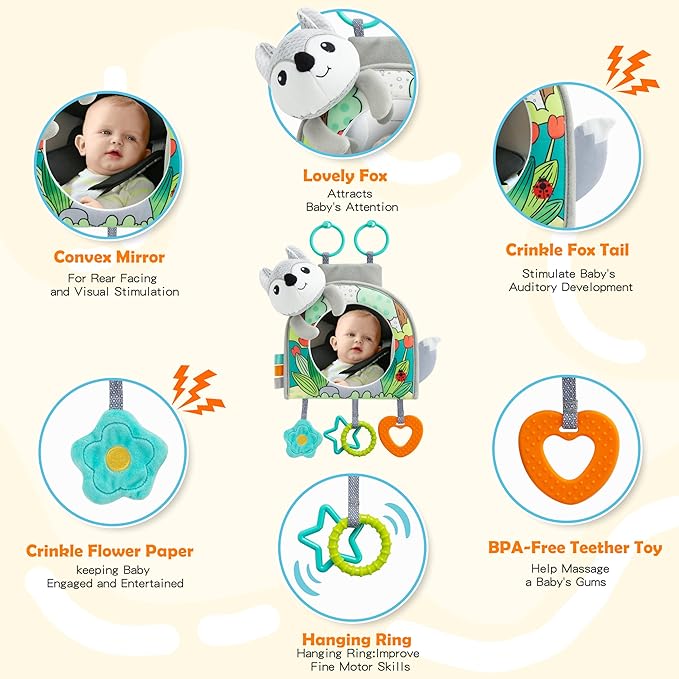 Car Seat Toy, Car Mirror for Baby, Baby Mirror for Car, Baby Car Mirror for Baby Rear Facing, Travel Baby Activity Center with Hanging Engaging Toys for infants Babies 0-6-12-18 Months Boy Girl