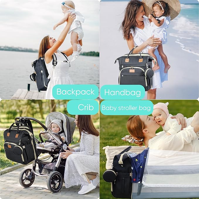 Diaper Bag Backpack for Mom and Dad, Large Capacity Baby Travel Bag with USB Charging Port, Waterproof Foldable Baby Bag for Boys and Girls, Stylish Maternity Backpack for Travel & Hospital,Black