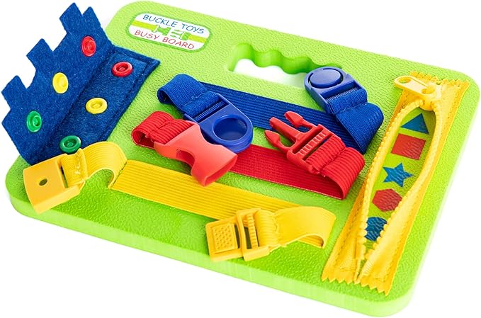 Buckle Toys Mini Busy Board for 1 Year Old Toddlers Travel Essentials for Kids, Montessori Toys for 1 Year Old Baby to Develop Fine Motor Skills, Great for Road Trip Activities for Kids Sensory Toy