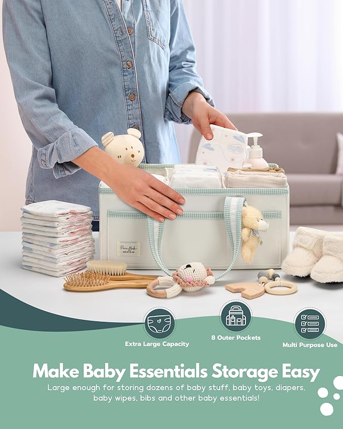 PeraBella XL Diaper Caddy Organizer With Handle, Baby Shower Gifts Basket Bag, Registry Search Must Haves Items, Newborn Girl Boy Nursery Storage Organizer, Baby Bag Essentials, Car Diaper Caddy Cart
