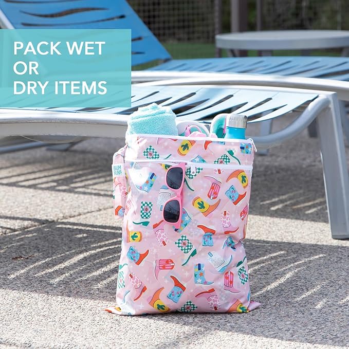 Bumkins Waterproof Wet Dry Bag for Baby, Travel, Swim Suit, Cloth Diaper, Pump Parts, Pool, Beach, Gym Clothes, Toiletry, Hook to Stroller, Daycare, Zipper Reusable Wetdry Packing Pouch, Cowgirl Boots