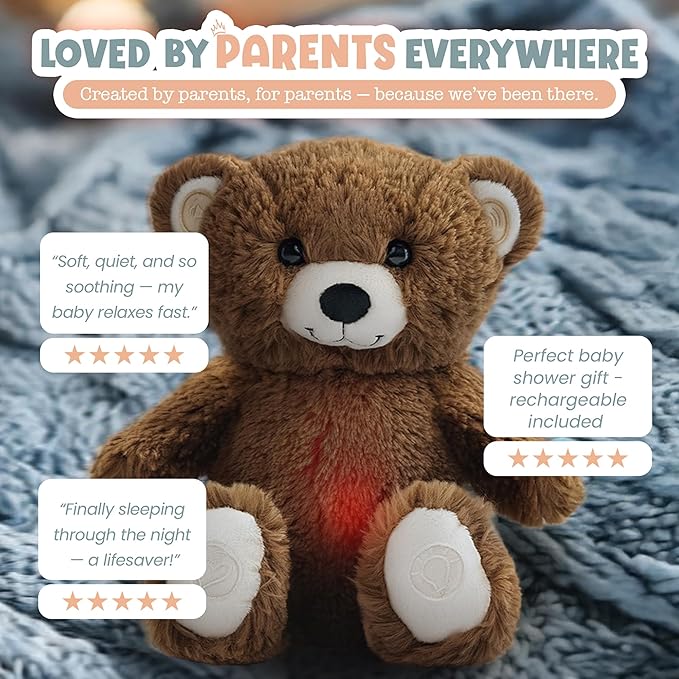 Gemma Joy Baby Sleep Soother Brown Bear for Baby – Cry Activated Heartbeat Stuffed Animal – Rechargeable Crib Soother with White Noise, Shush, Lullabies & Night Light – Newborn Essentials Must Haves